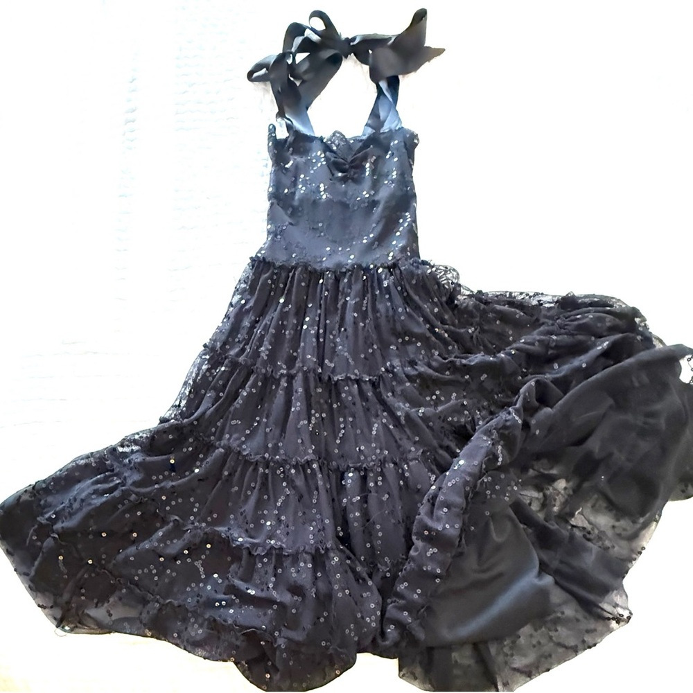 Vintage Sequin Black Sequin tiered midi dress